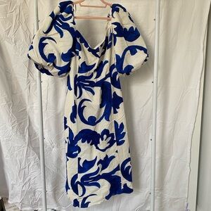 NEW Blue and White Ruched Midi Sundress with Puff Sleeves H&M